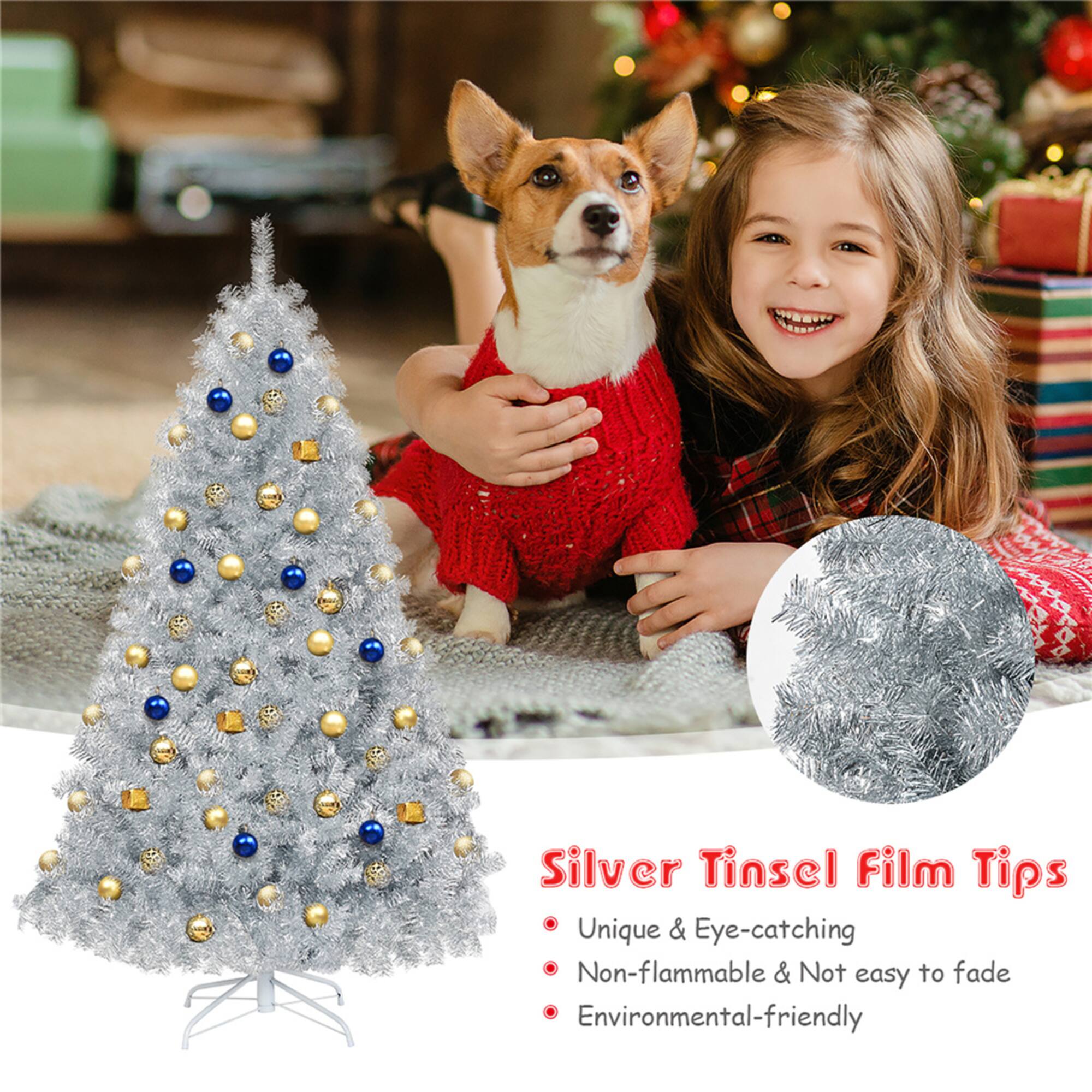 Costway 6ft. Unlit Artificial Silver Tinsel Hinged Christmas Tree with Metal Stand